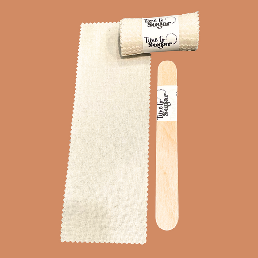 Reusable cotton strips and wooden spatulas with Time To Sugar logo