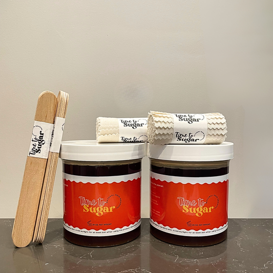 Time To Sugar sugaring paste jars with cotton reusable strips and spatulas for natural hair removal
