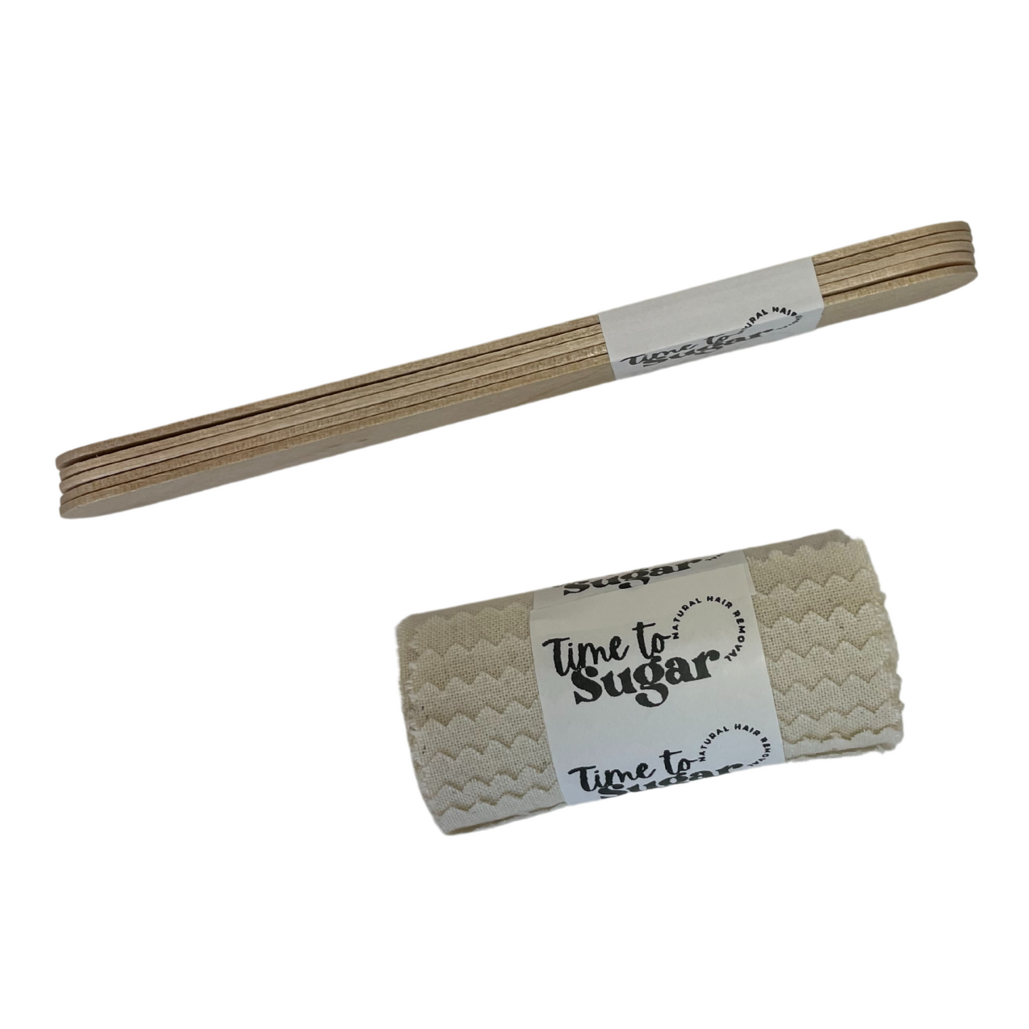 Reusable cotton strips and wooden spatulas with Time To Sugar logo
