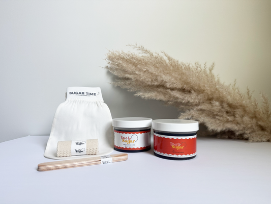 The TTS Sugaring Glow Kit: Soft & Firm Pastes +tools+ Silk Exfoliating Glove
