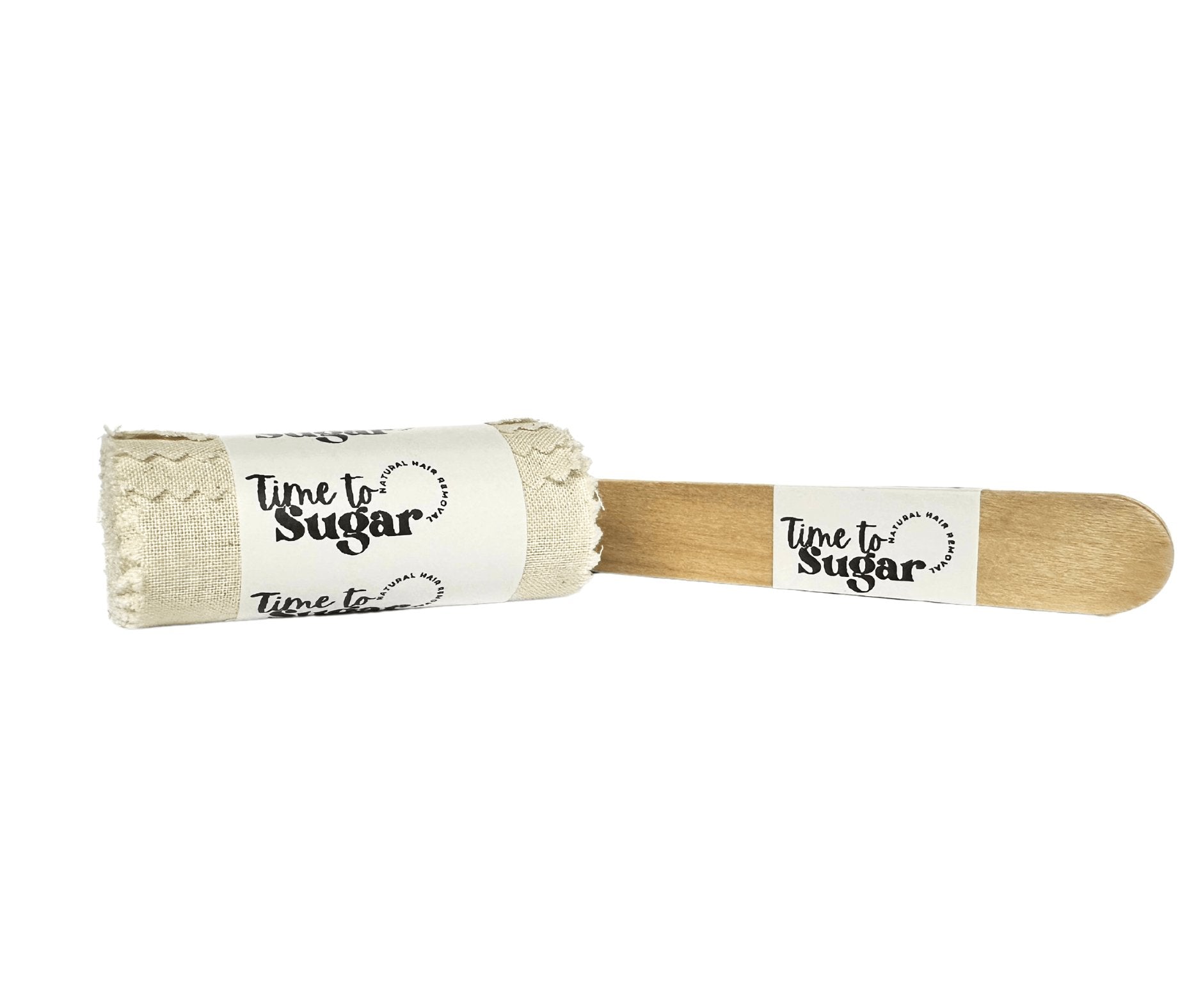 Reusable cotton strips and wooden spatulas with Time To Sugar logo